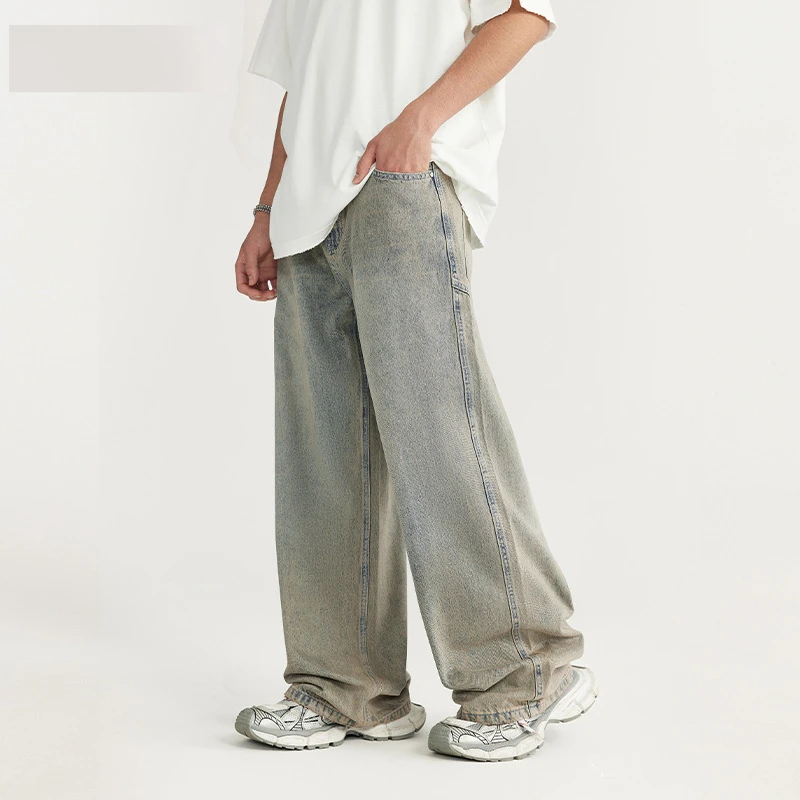 洗水切割阔腿牛仔裤潮牌街头宽松直筒男长裤