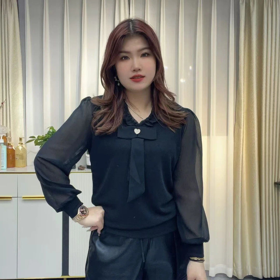 小鑫肝@新款重工V领蕾丝拼接领结小装饰气质版长袖T恤 911