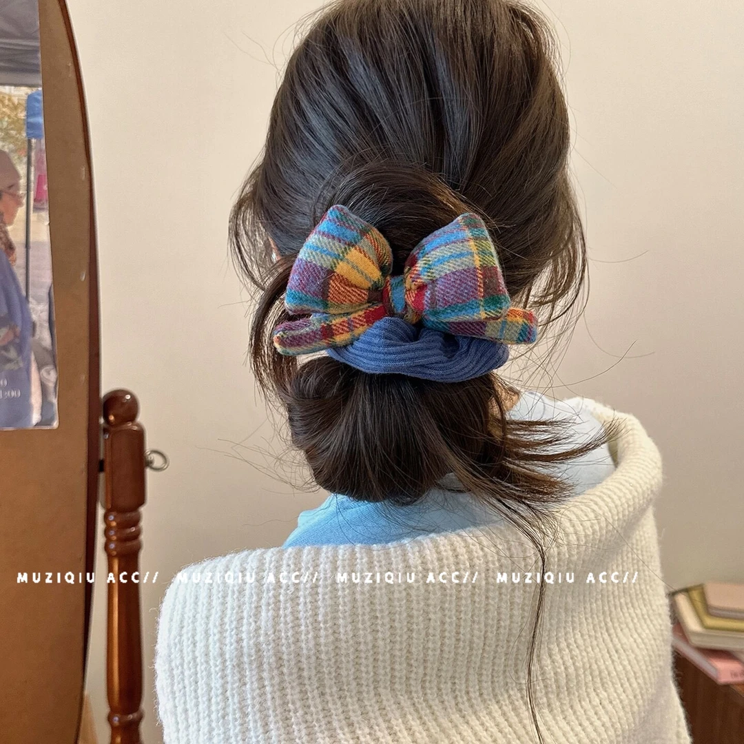木子秋韩版ins高端彩虹格子蝴蝶结发圈精致优雅气质时尚丸子发饰