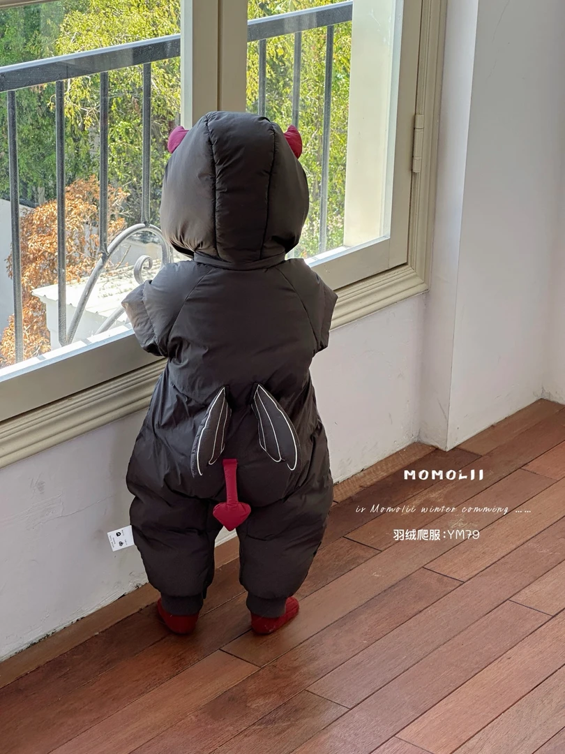 婴儿加厚白鸭绒羽绒连体衣小恶魔爬服女宝连帽宝宝冬季新生儿2579