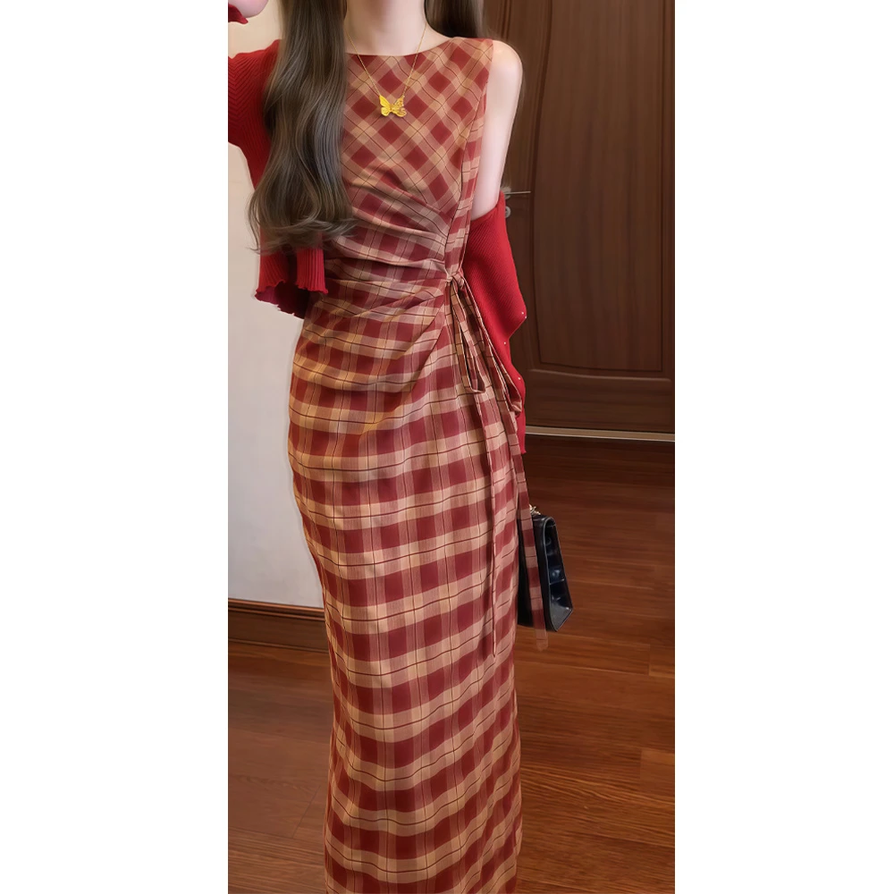 法式港风红色格子收腰无袖连衣裙包臀裙子女款爆款2025新款夏季