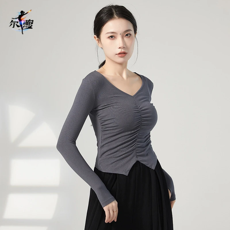 现代舞V领褶皱套指长袖上衣女春夏古典舞练功服修身形体服装