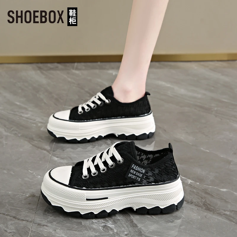 SHOEBOX鞋柜爆款厚底松糕帆布鞋女2025新款小白鞋单网休闲板鞋