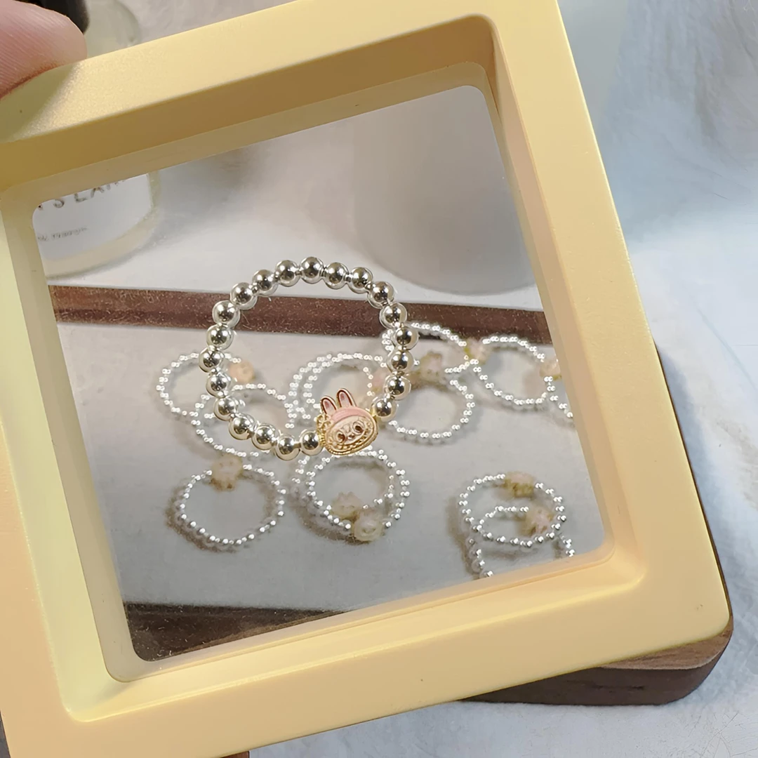 925银戒指 拉布纯银圆珠戒指弹力绳可爱百搭闺蜜款少女时尚