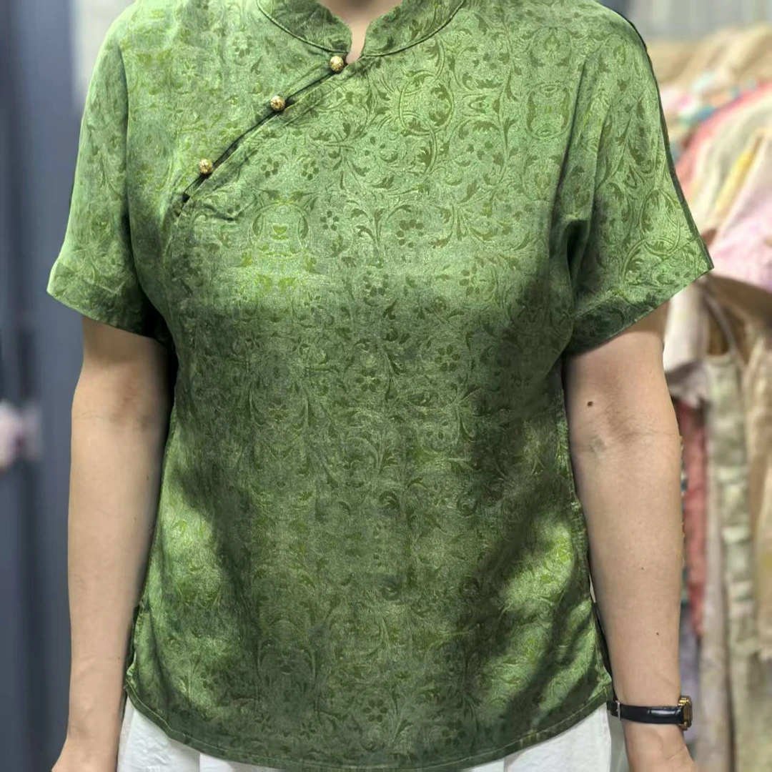 上衣短袖薄款立领绿色唐装提花常规款斜襟夏季中国风
