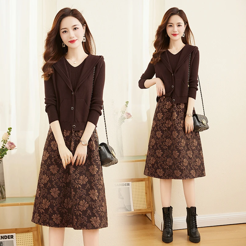 法式气质针织马甲提花套装裙女2025春秋新款遮肉显瘦连衣裙两件套
