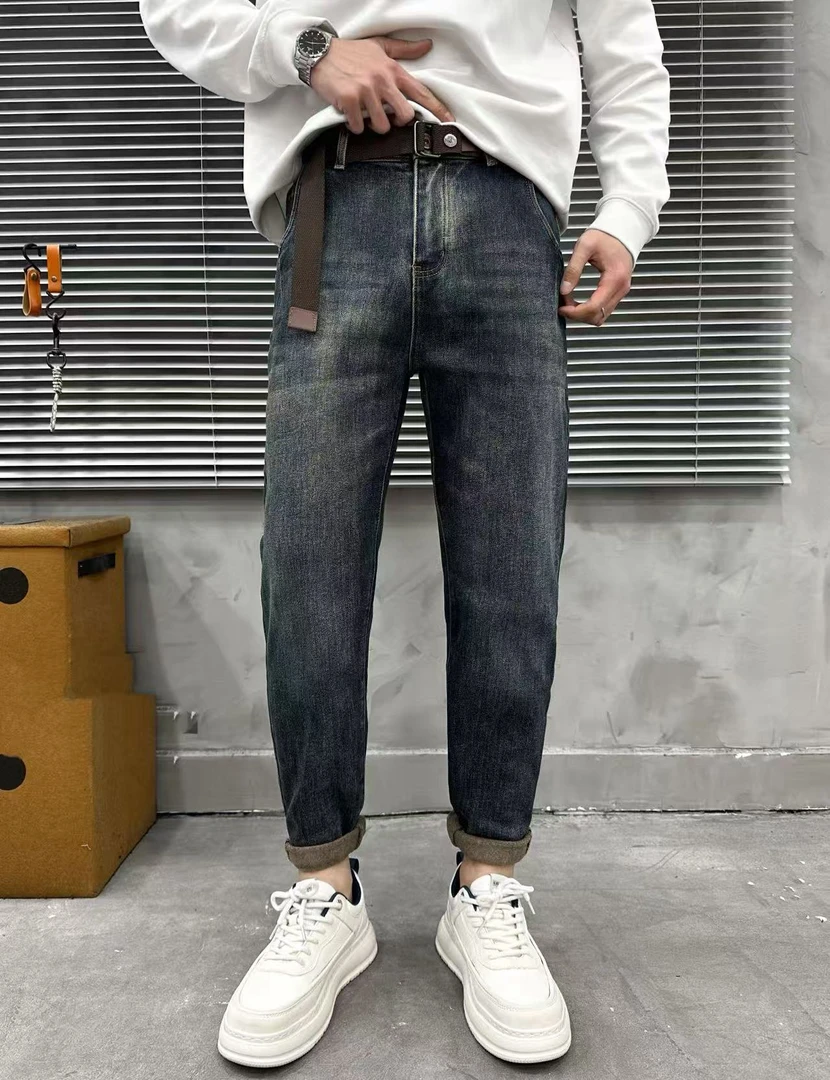 【小璐优选】冬季新款底抓绒磨毛午夜蓝微锥小直筒牛仔裤潮流简约