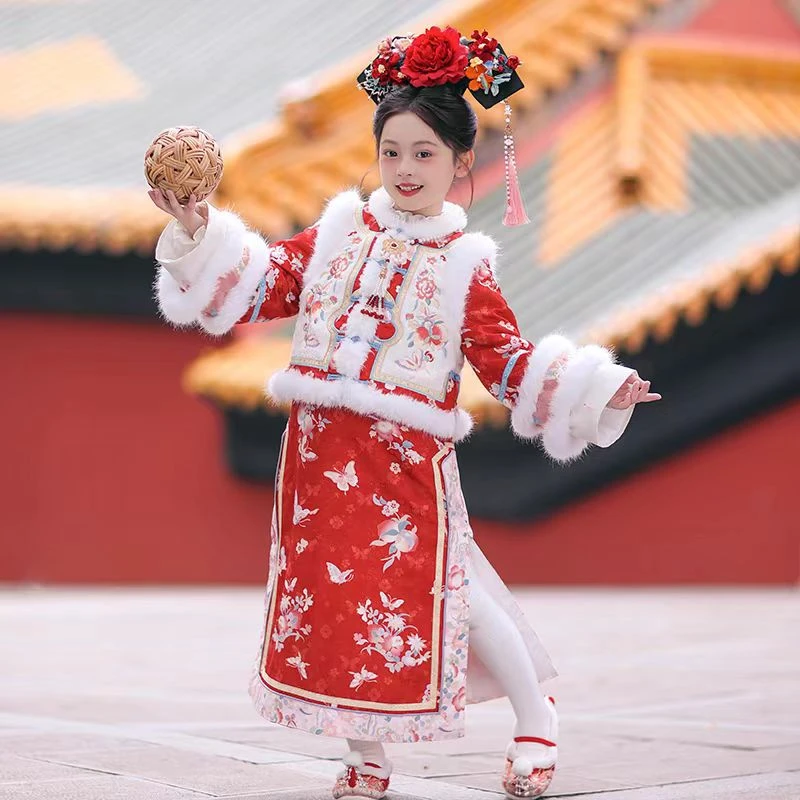 女童加厚拜年服套装儿童秋冬唐装2024新款中大童格格服保暖两件套