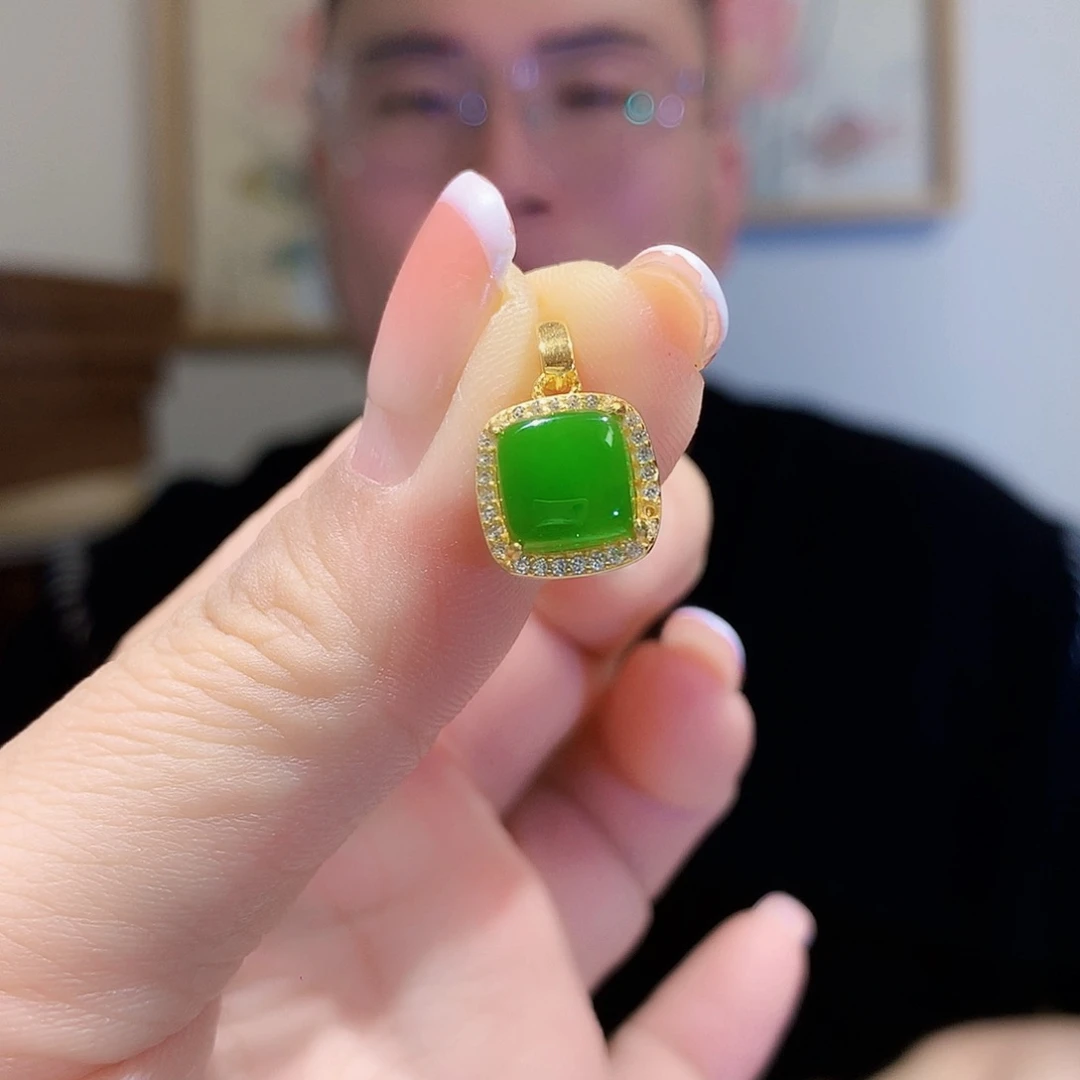 和田玉（碧玉）颈饰银S925镀金镶嵌