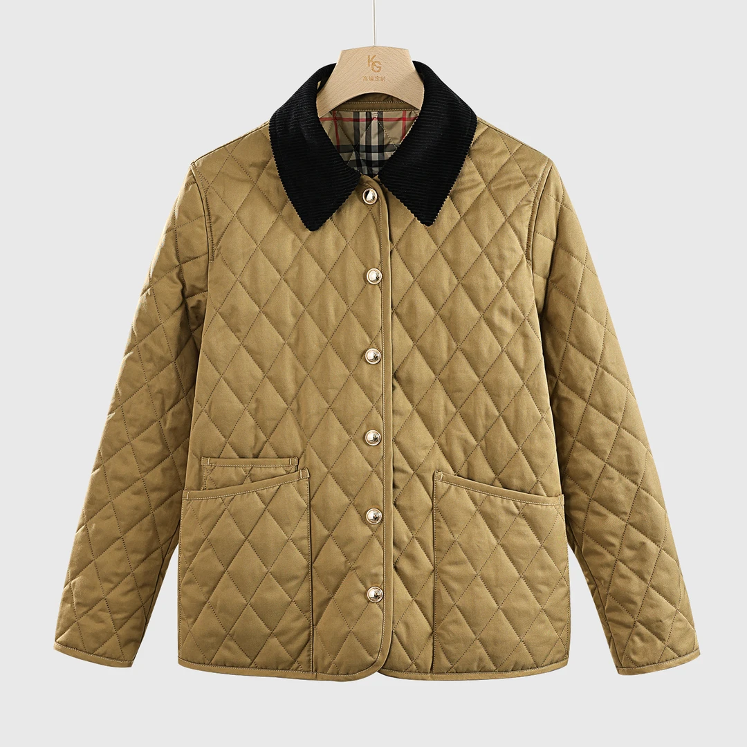 k-gold 经典款显瘦菱格翻领小香风复古英伦风棉服