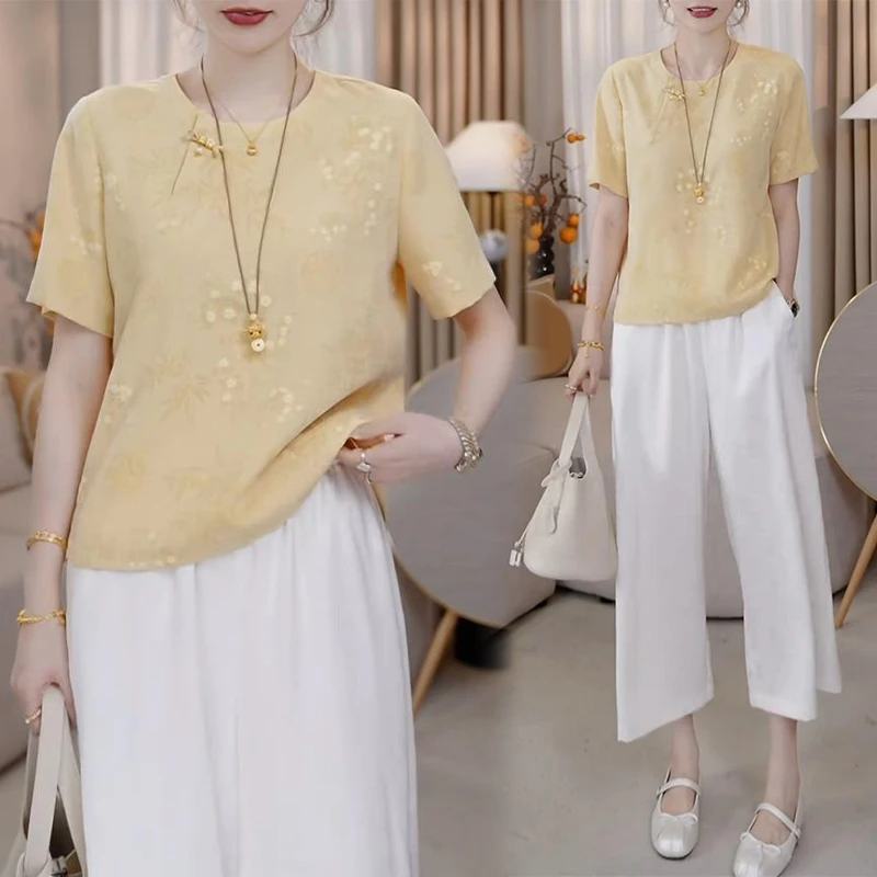 新中式国风盘扣短袖t恤垂感阔腿裤两件套装夏季女装温婉大方衣服
