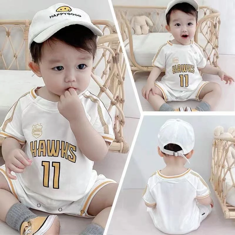 新生婴幼儿连体衣短袖套头男女宝宝宽松时尚运动球服哈衣外出爬服