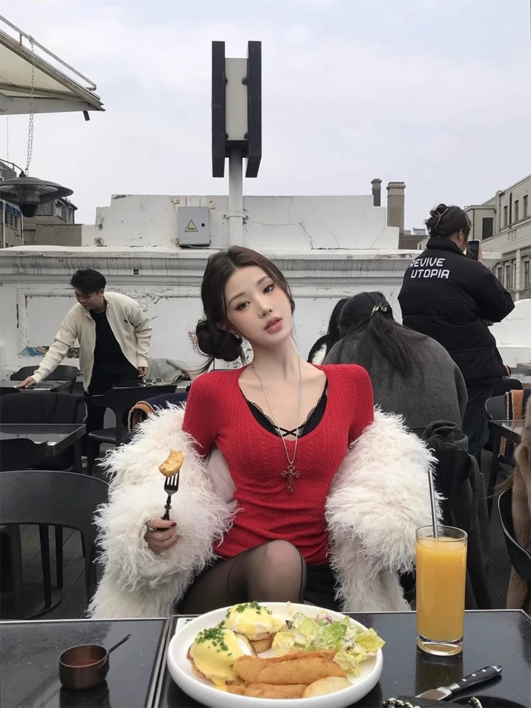 不冷BULENG 复古时髦针织衫麻花低V领修身长袖毛衣