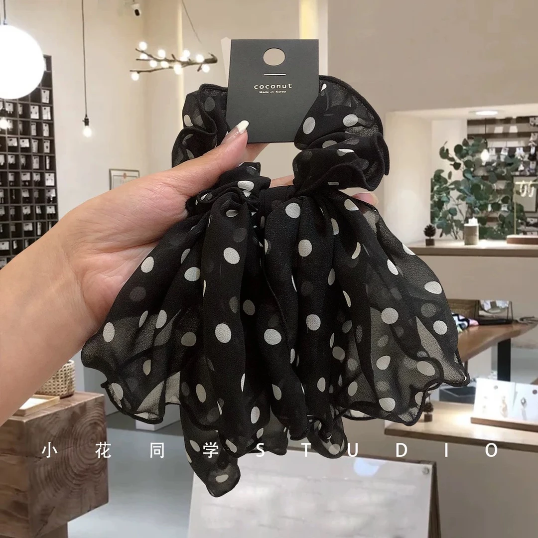 韩国发饰2024新款高级感雪纺纯黑色白色圆点蝴蝶结飘带发圈大肠圈