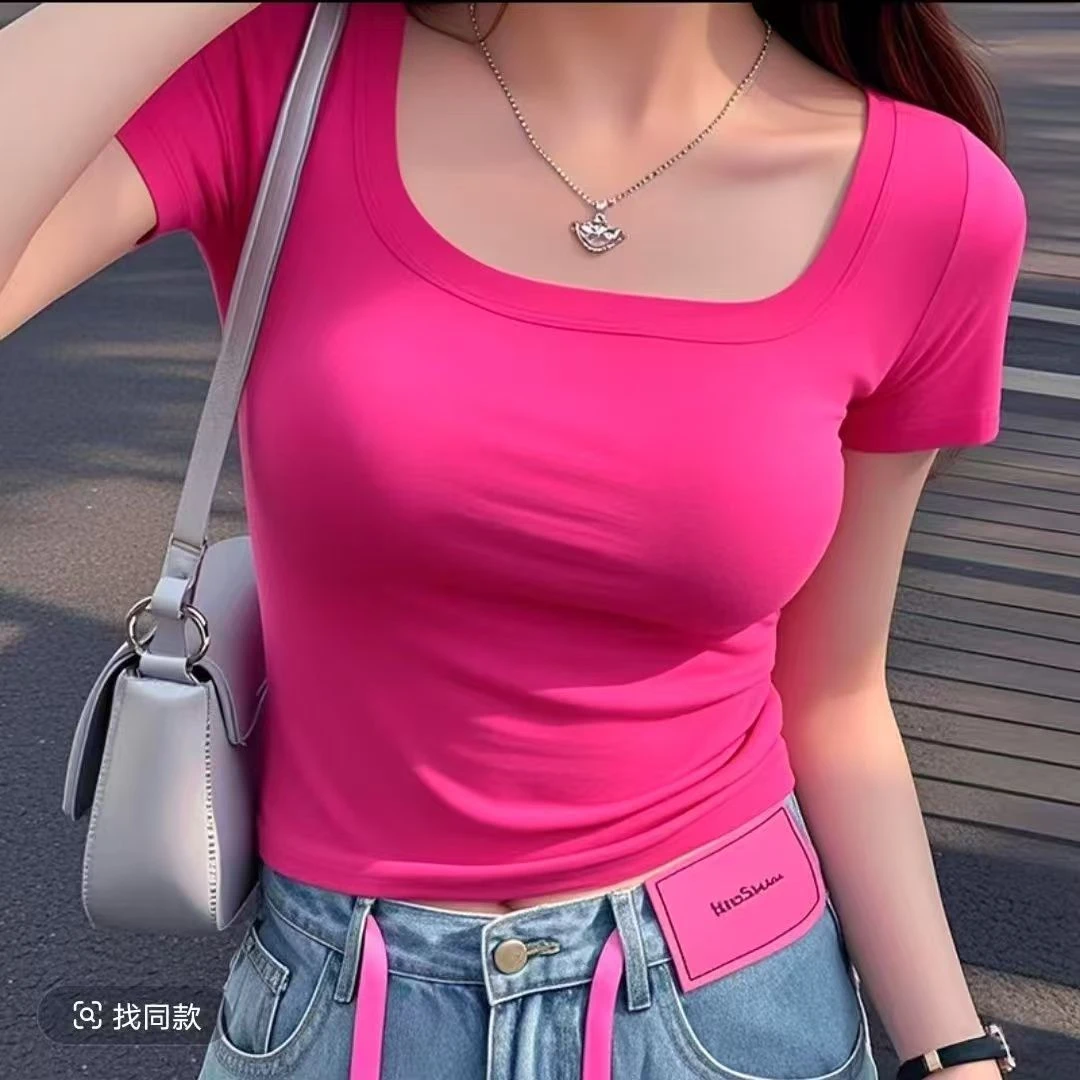 美式重磅含棉U领正肩短袖T恤女2025夏季新款修身显瘦甜辣纯色上衣