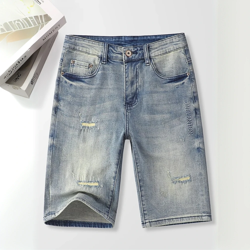 INGESARE夏季破洞牛仔五分短裤男新款复古潮流宽松五分休闲短裤