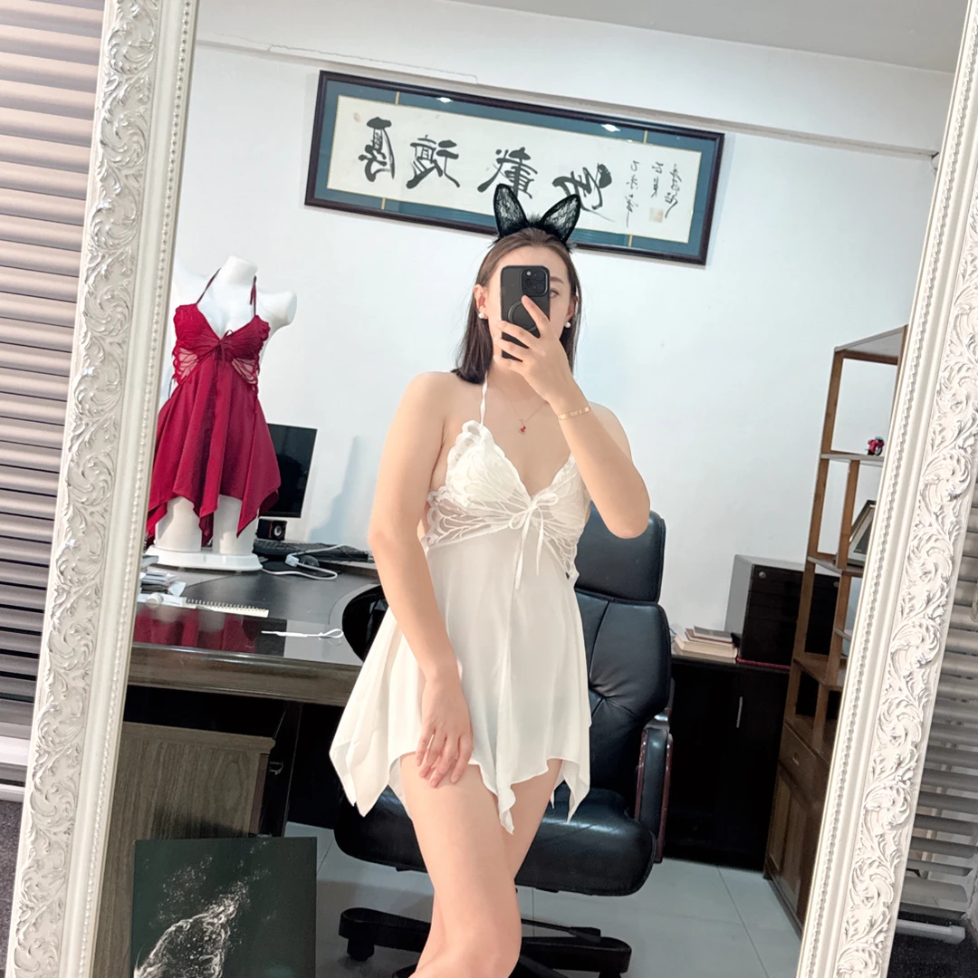 缎面蕾丝加胸垫蝴蝶胸杯系带吊带睡裙外袍女家居服套装