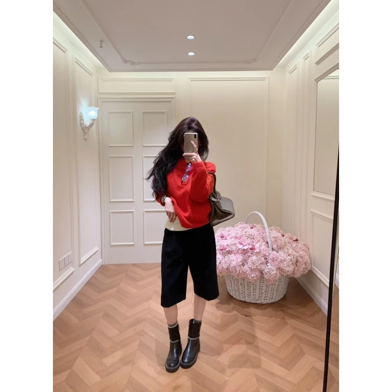 韩系慵懒感红色圣诞氛围感针织衫套头毛衣宽松上衣高腰直筒阔腿裤