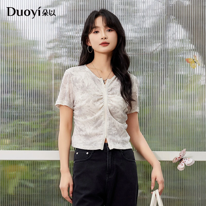 朵以2025夏装新款修身收腰双拉链短款捏褶短袖印花衬衣39DX137113