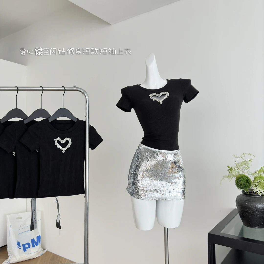 辣妹性感爱心镂空闪钻修身显瘦高弹短款短袖T恤正肩上衣女夏