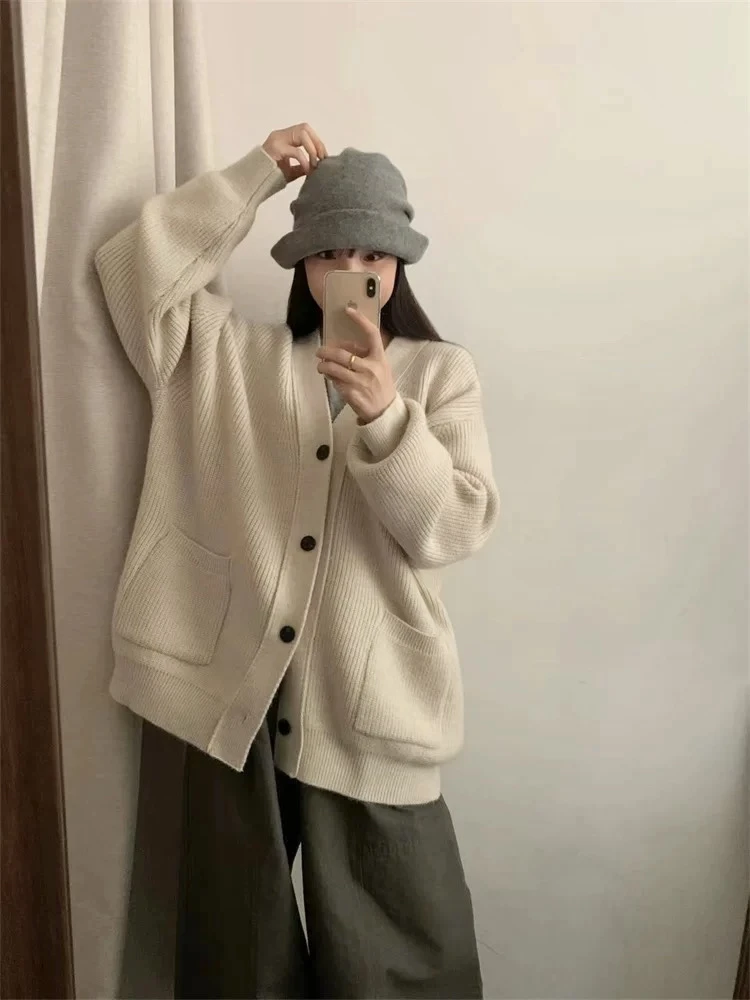 312#韩版宽松时尚V领单排扣开衫百搭休闲保暖毛衣外套