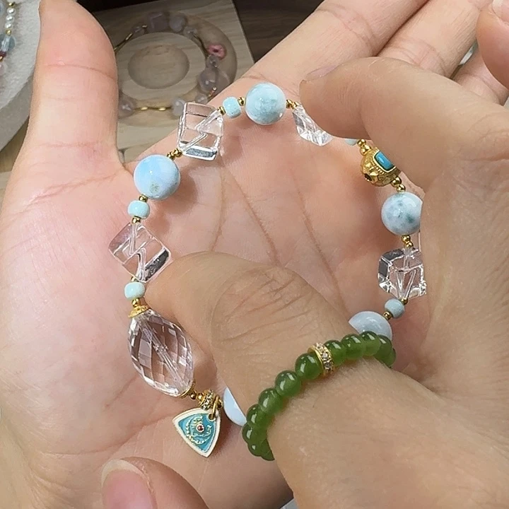 银S925镶嵌手串水晶天然白水晶海纹石原创设计水晶手串