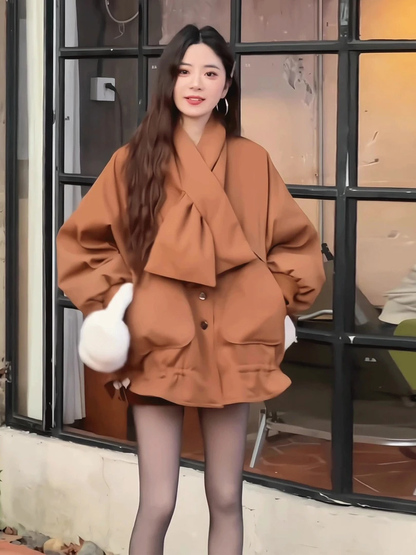 韩系设计感橘色棉服女2025冬季新款宽松显瘦面包服棉衣外套配围脖