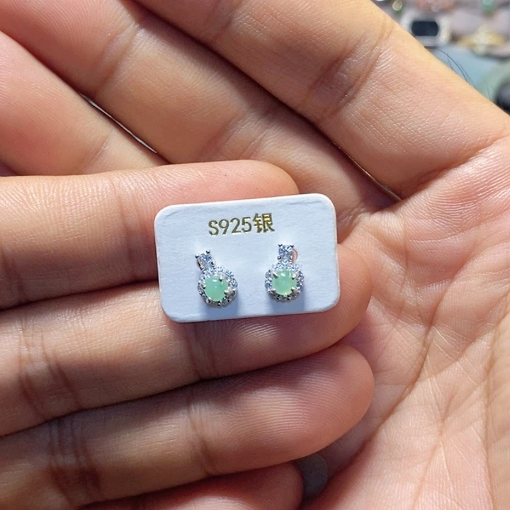 翡翠银S925镶嵌耳饰缅甸翡翠A货耳钉