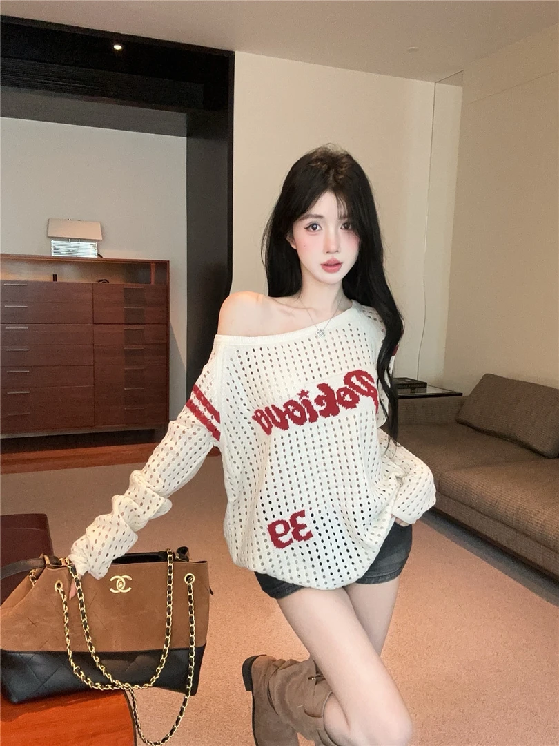 美式辣妹秋设计感套头复古字母镂空斜领防晒针织衫女露肩显瘦长袖