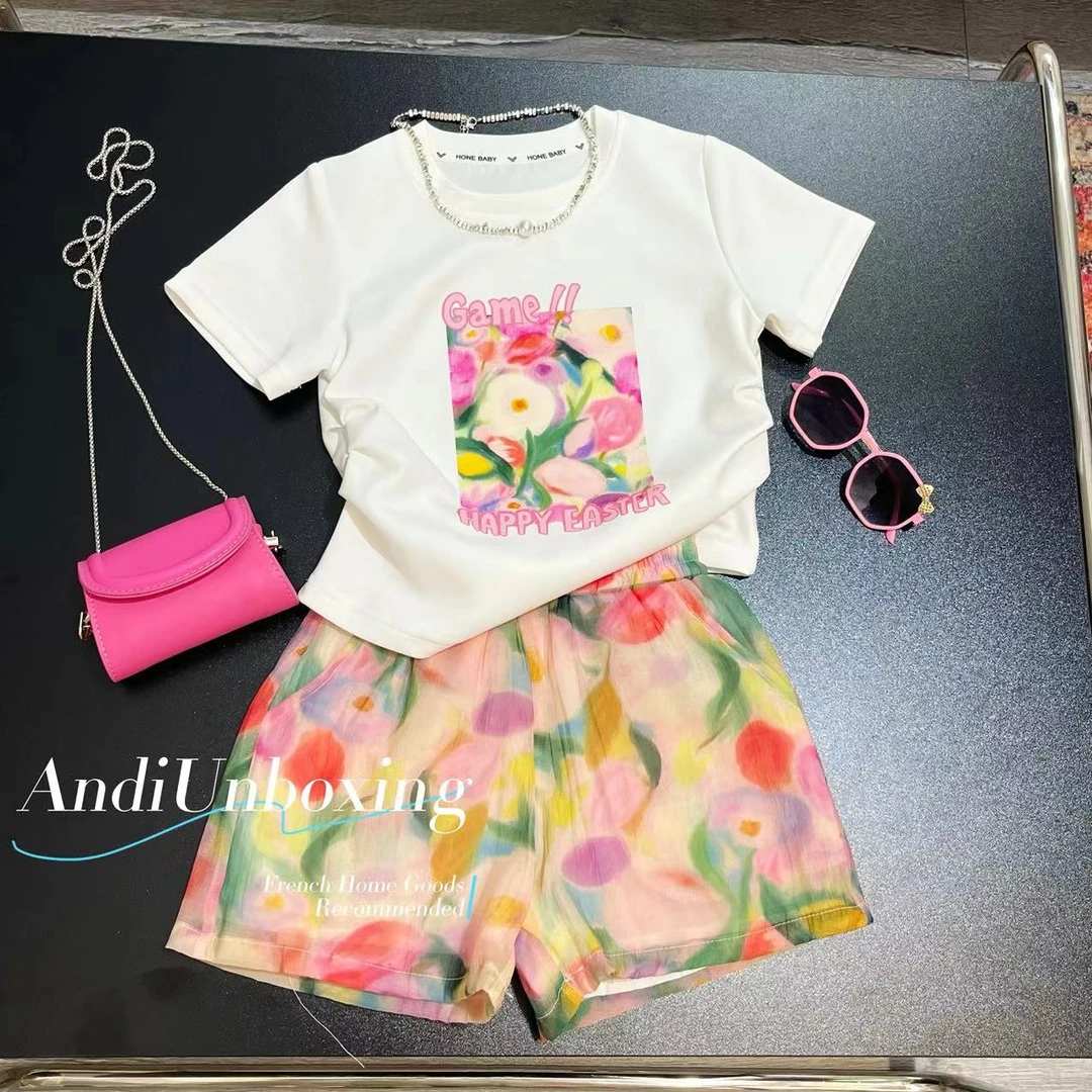 〖ANDI〗订制2024夏季新款女童韩版花朵印花短袖套装2382
