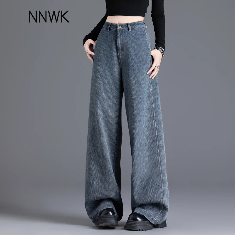 复古肌理感提花牛仔裤女2025新款春秋季宽松高腰裤子直筒裤阔腿裤