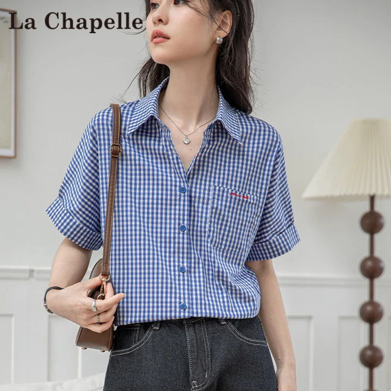 拉夏贝尔女式美式格子短袖正肩衬衫夏季2025薄款小众肯豆风女装
