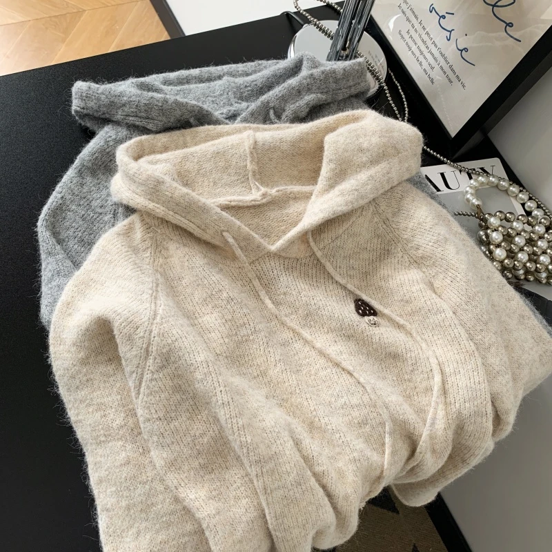 琥珀流光慵懒风连帽针织衫女装25秋冬季宽松毛衣百搭帽衫长袖上衣