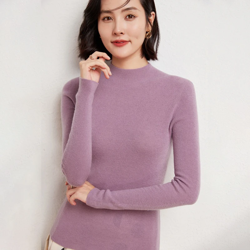 修身气质精纺60高织羊毛半高领女常规针织保暖秋冬圆领显瘦修身衫