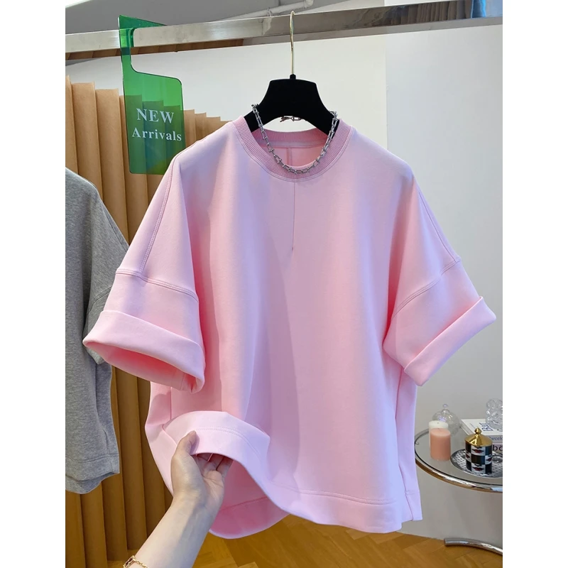 减龄太空棉粉色t恤女短袖2025新款超好看宽松洋气百搭圆领上衣夏