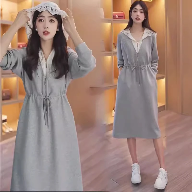时尚蕾丝拼接连帽连衣裙女2025春秋新款洋气显瘦休闲中长款假两件