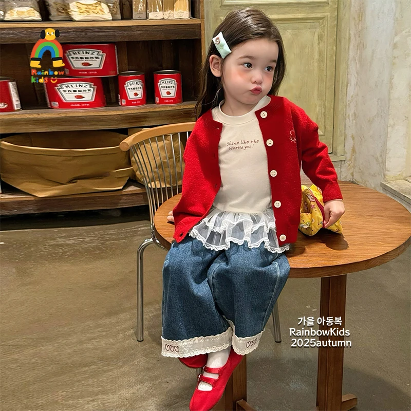 【彩虹家】2025秋款小猫刺绣针织外套花边牛仔直筒裤三件套-66025