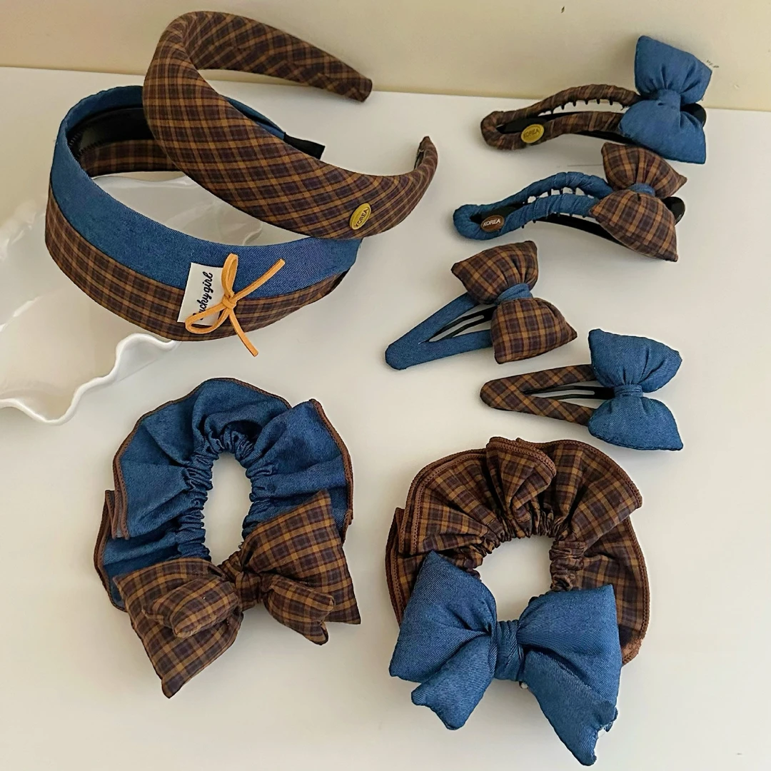 新款蓝色系牛仔蝴蝶结大肠圈甜美可爱立体发夹刘海夹发饰发箍韩系