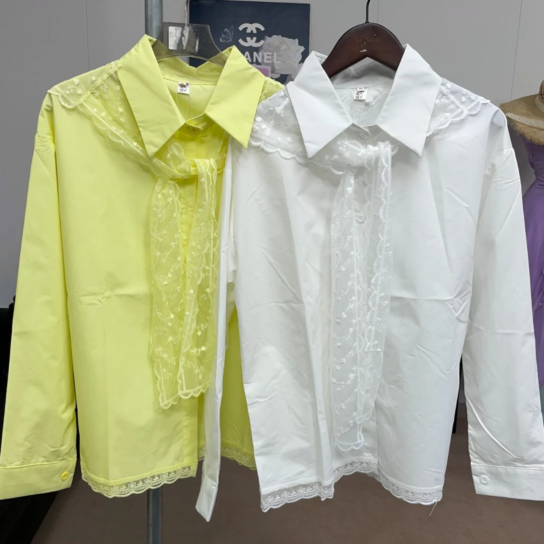 胖鹅张~纯色衬衫+蕾丝披肩叠穿上衣#7071