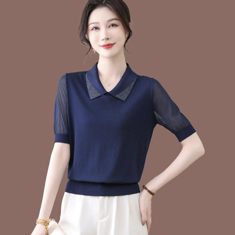 网纱拼接冰丝短袖T恤女夏季新款宽松显瘦娃娃领洋气桑蚕丝上衣薄