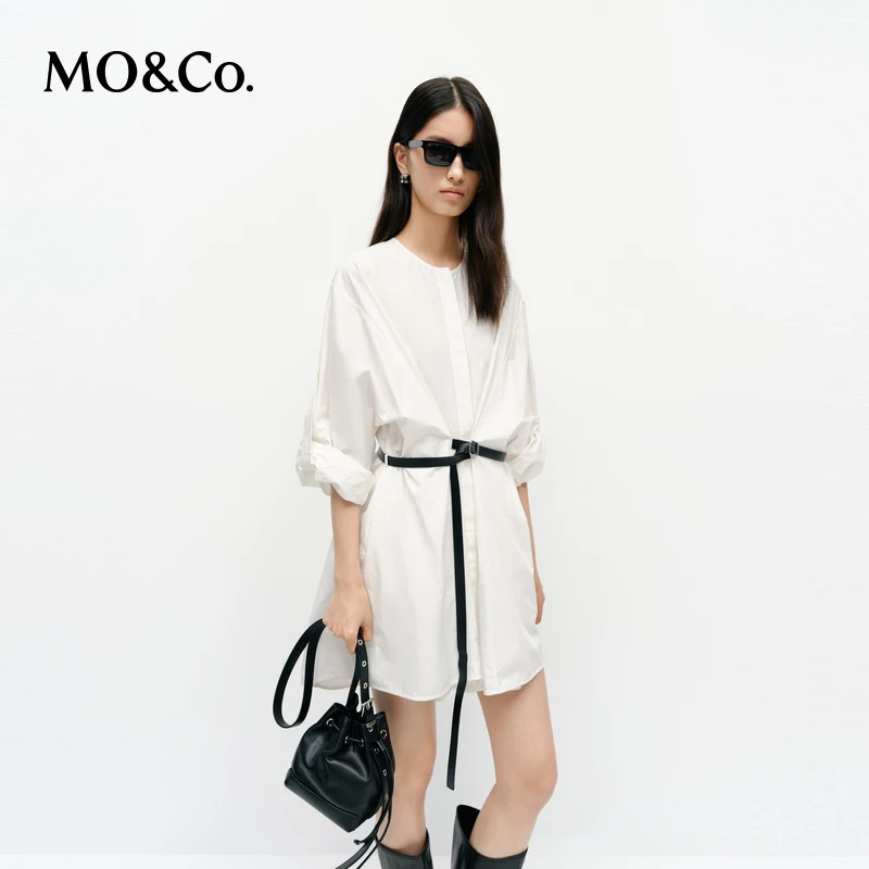 MOCO衬衫连衣裙2025春新品简白棉质解构卷袖廓形附腰带MBE1DRS045