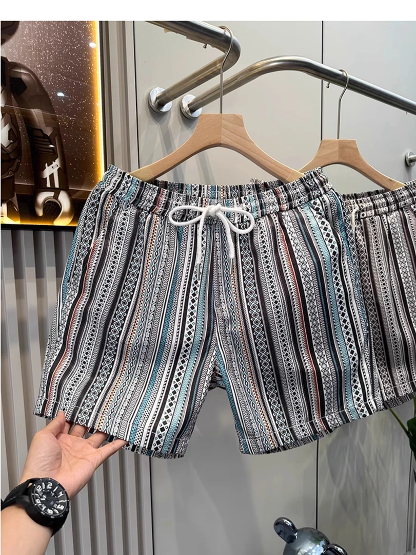2025新款民族风条纹印花国潮四分工装休闲短裤男夏季宽松沙滩裤