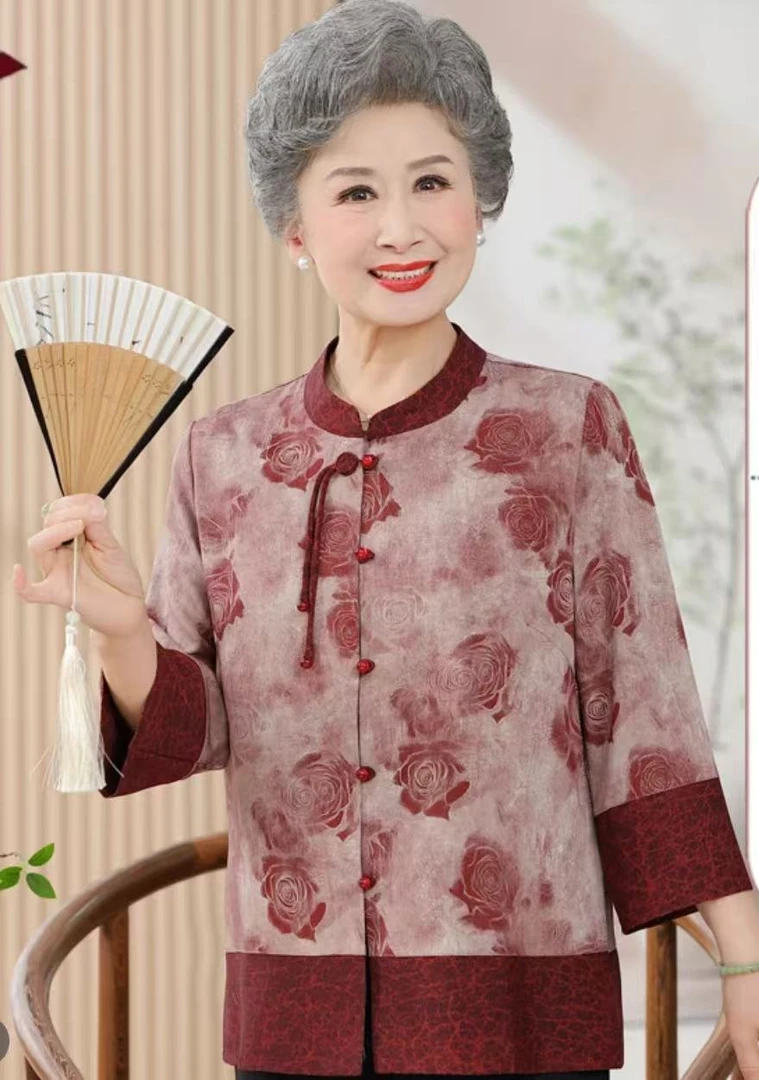 中老年女装70多岁喜婆婆妈妈装印花老年人衬衣中老年时尚小衫