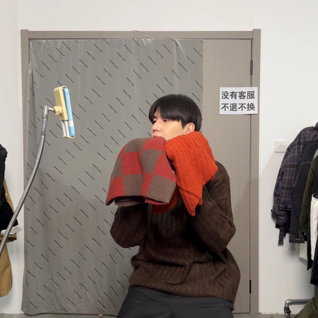 绵橘色格子围巾两条