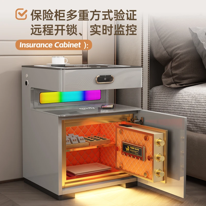 全实木智能床头柜保险柜一体蓝牙音箱无线充地感夜灯高端时尚轻奢