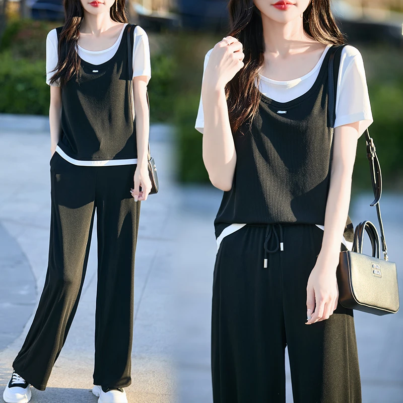 出货中 假两件撞色圆领短袖2025夏季新款百搭时尚显瘦套装女