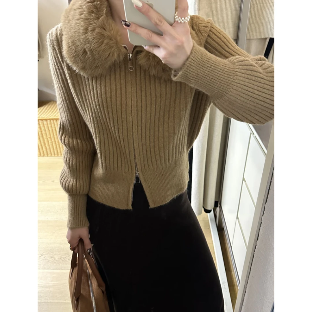 法式可拆卸毛领双拉链毛衣外套女秋冬加厚保暖宽松慵懒风针织开衫