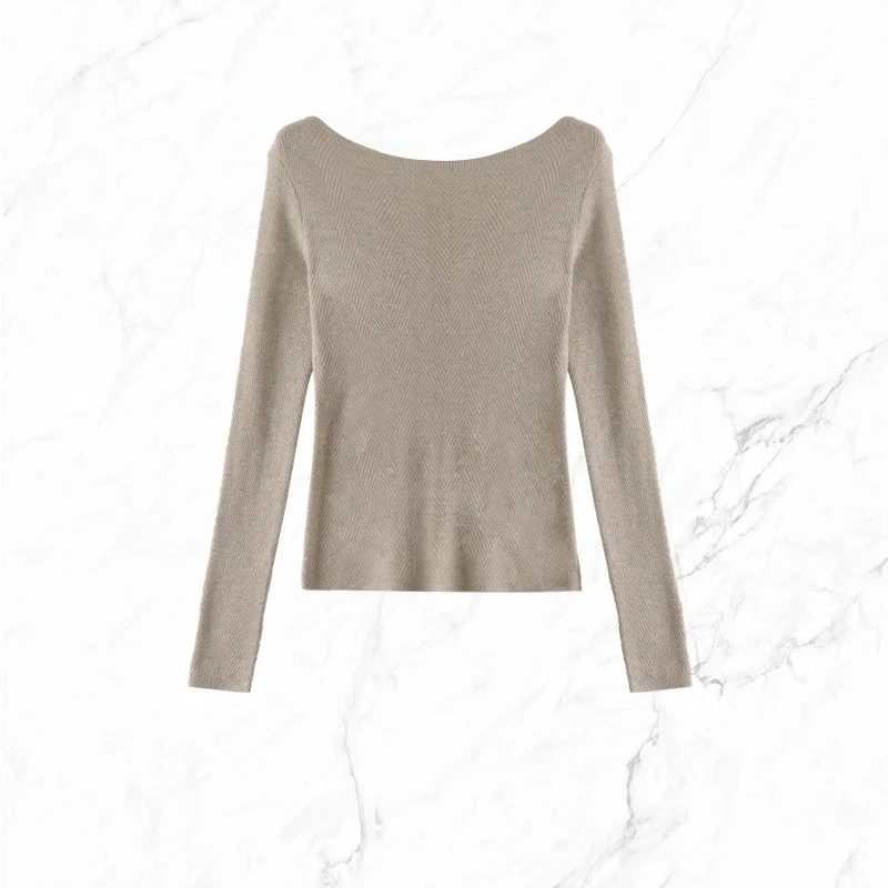 韩版早秋一字领鱼骨纹长袖纯色上衣气质毛衣针织衫女打底衫H9-75