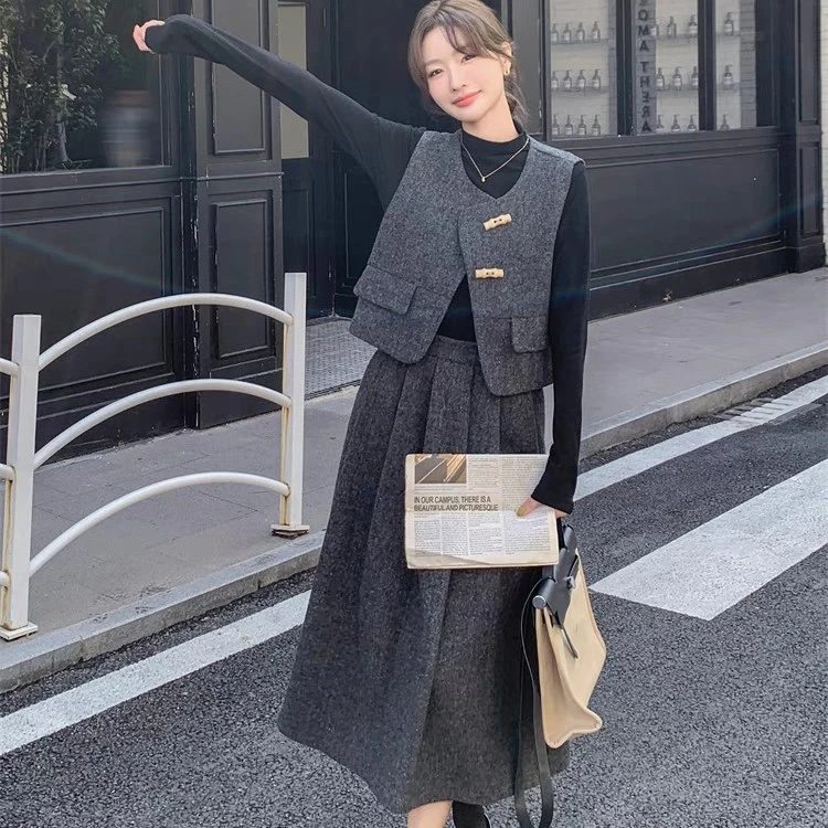 【赠腰带】小香风秋冬毛呢马甲半身裙四件套高级感女韩系显瘦套装