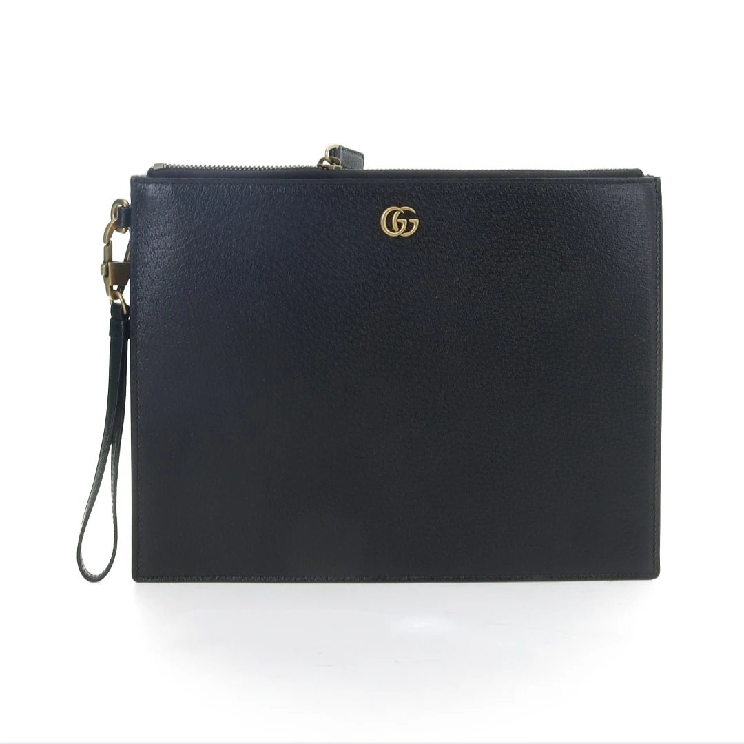 99新 GUCCI/古驰 马蒙金标Logo黑色粒面皮革男士时尚拉链手拿包